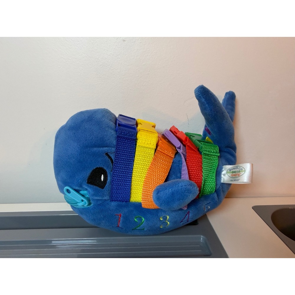 Buckle Toys Blu Whale Kids OS Sensory Plush Learning Toy Rainbow Buckles Blue